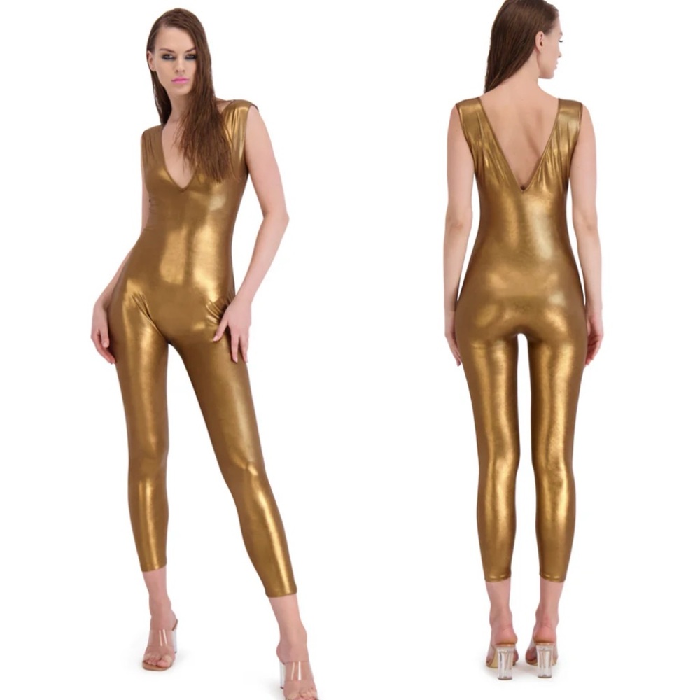 BethelHelena Bare Jumpsuit in Gold Metallic size S